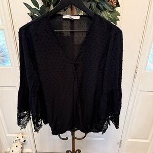 Marc New York Swiss Dot Polka Dot with Floral Lace Trim Faux Wrap Blouse Top XL